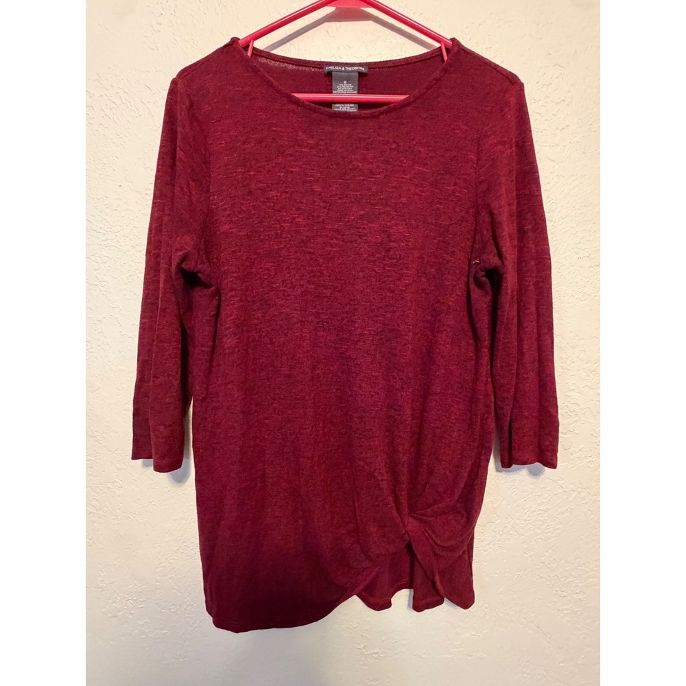 Chelsea & Theodore Red Velvet Knot Front 3/4 Sleeve Knit Top M